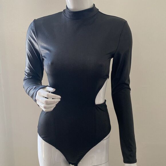Dolls Kill Endless Blu Long Sleeve Shiny Leather Look Bodysuit w Side Cutouts - Picture 1 of 7